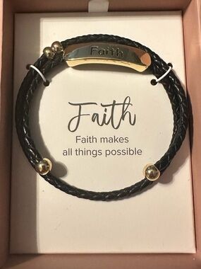 Faith Plaque Black Braided Bracelet with Gold Accents